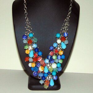 Vintage Unsigned Colorful Beaded Chunky Bib Statement Necklace